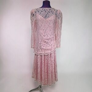 Pat Richards 80s Pink Floral Lace Midi Dress Rhinestone Trim Size 10 Vintage